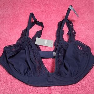 Aerie Navy Blue Lace Trim Unlined Underwire Triangle Bra 32C NWT